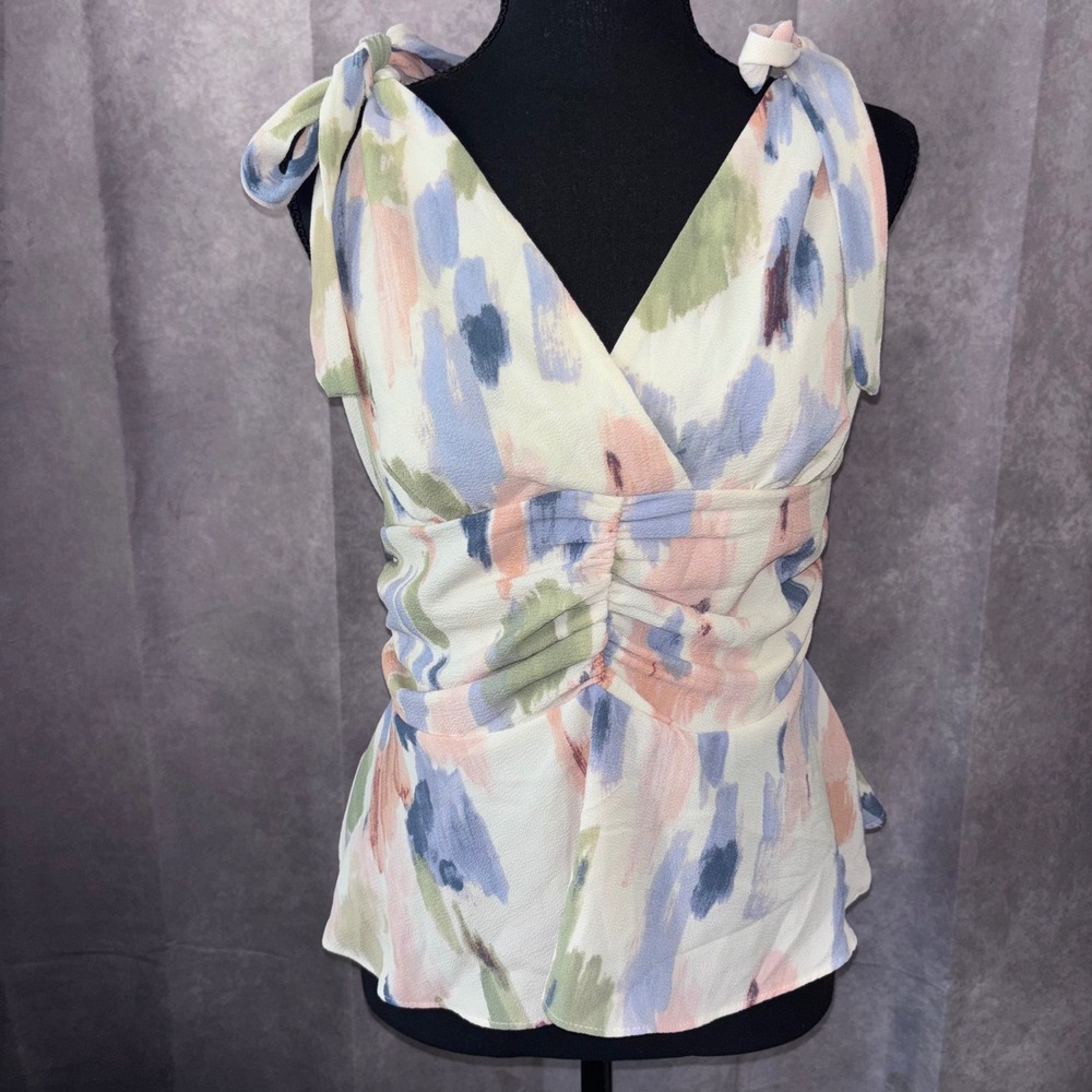 NWT Sofia Jeans Watercolor Tie Shoulder Pheasant Top Pastel Womens Large